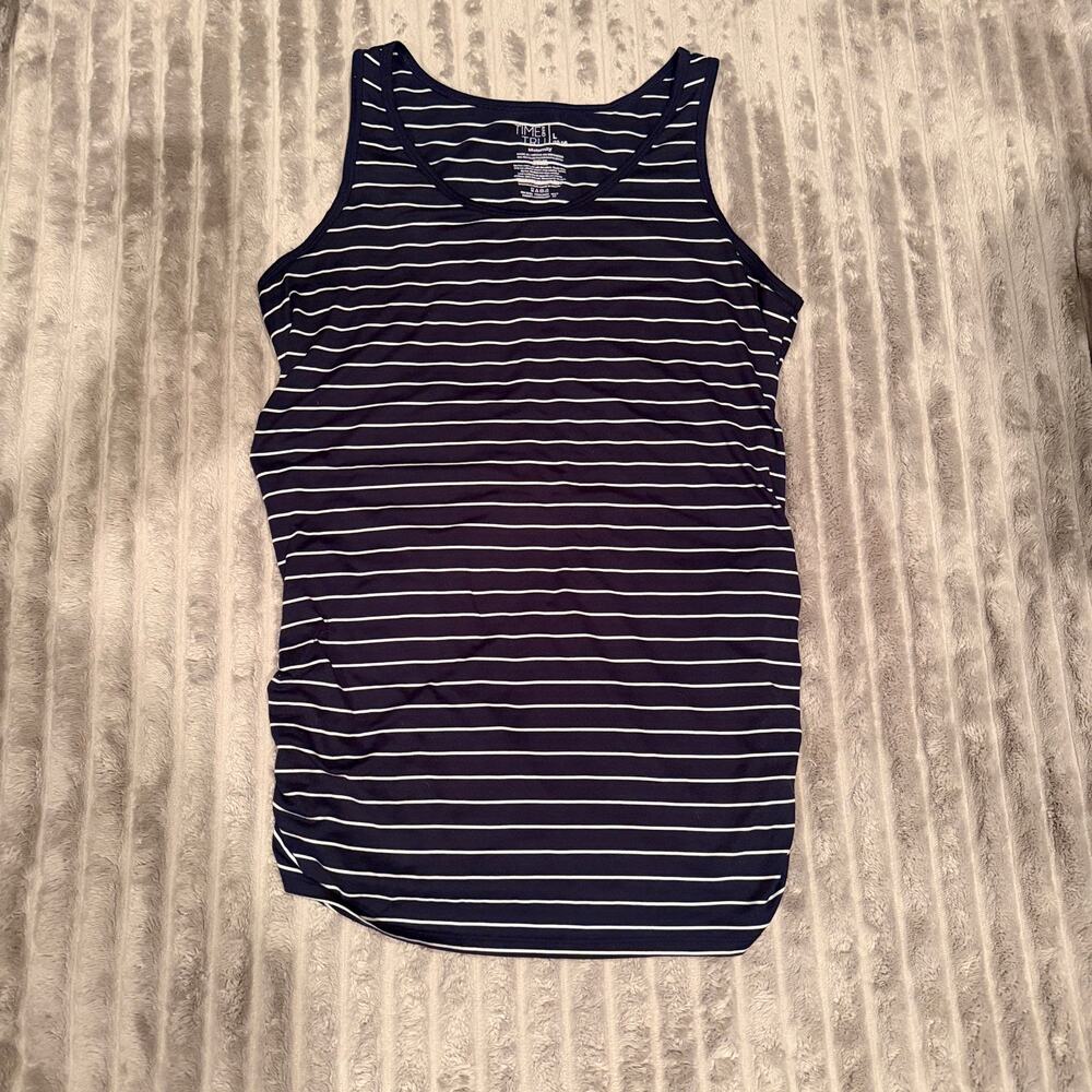 Time and Tru Maternity Tank Top Large L 12-14 Black White Striped Ruched Sides